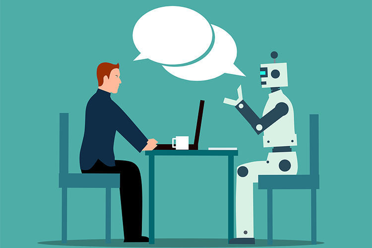 Graphic of human and robot with thought bubbles (UWM)