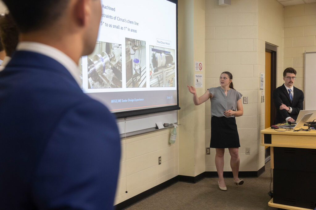 Photo of UW-Stout senior Gabrielle Winstead presenting her team's capstone project.