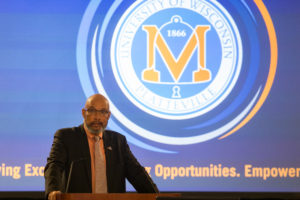 Chancellor Shields addresses the Board of Regents at the Board's April meeting, hosted by UW-Platteville.