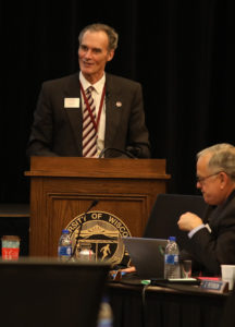 Photo of Chancellor Joe Gow during his presentation at the UW System Board of Regents meeting hosted by UW-La Crosse on December 6, 2018