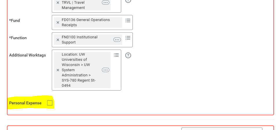 screenshot for workday expernse "personal expense" checkbox area